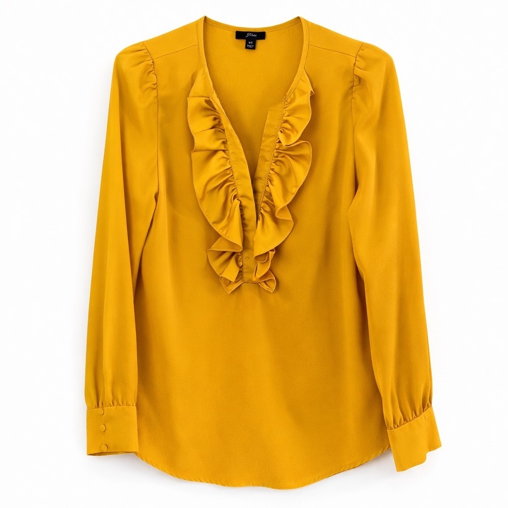J.Crew AE861 Golden Yellow Ruffle Front Blouse 3/4 Sleeve Work Top Size XS